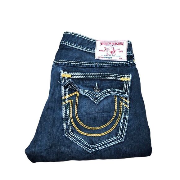 Rare True Religion Jeans Size 34 STRAIGHT YELLOW STITCH Blue - Picture 4 of 13